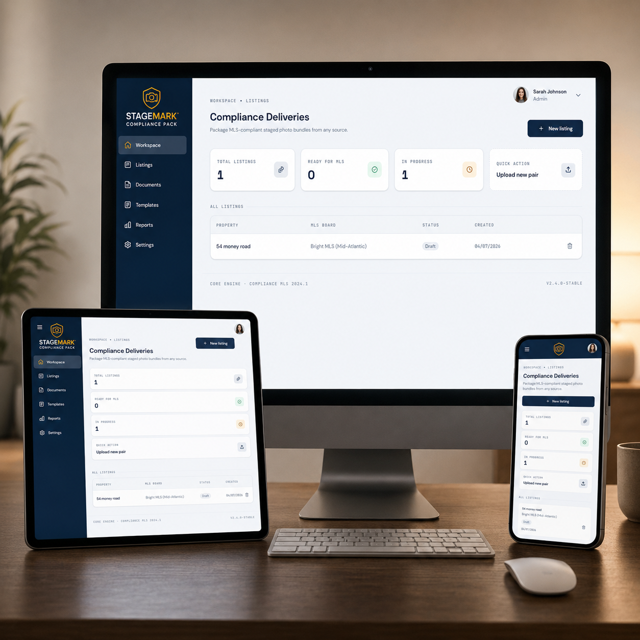 StageMark App — Compliance Deliveries dashboard on desktop, tablet and mobile